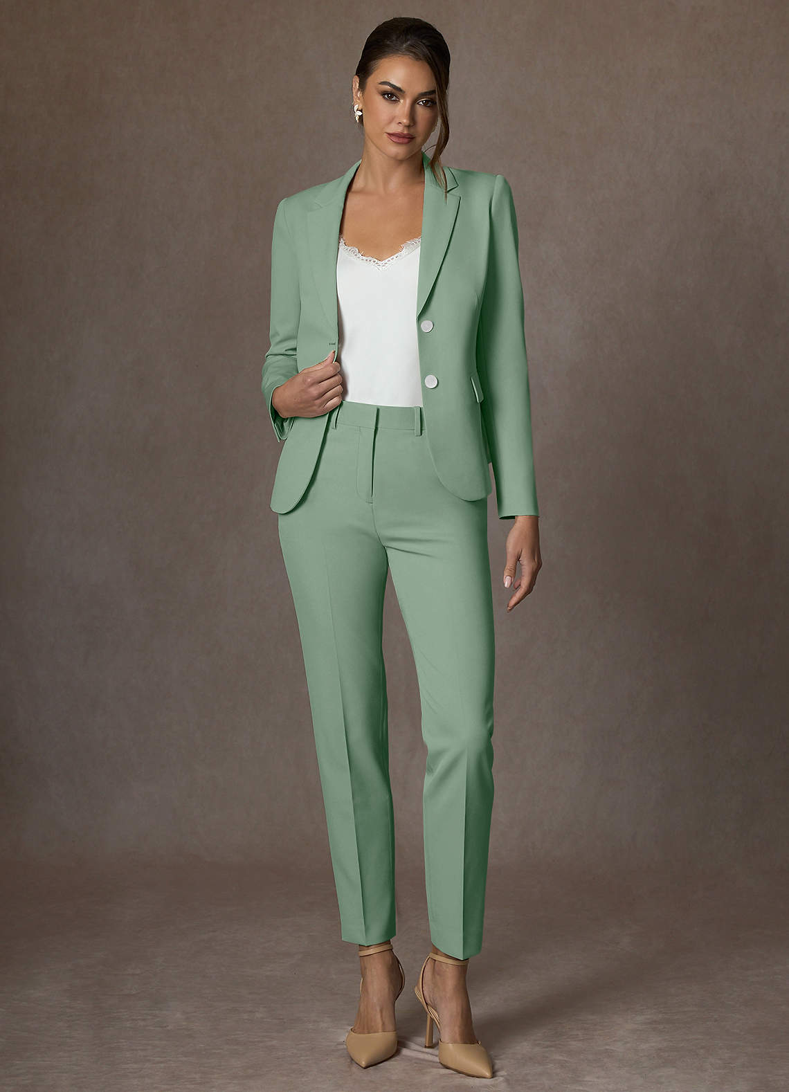 front Whitney Matcha Structured Stretch Full Length Dress Pants