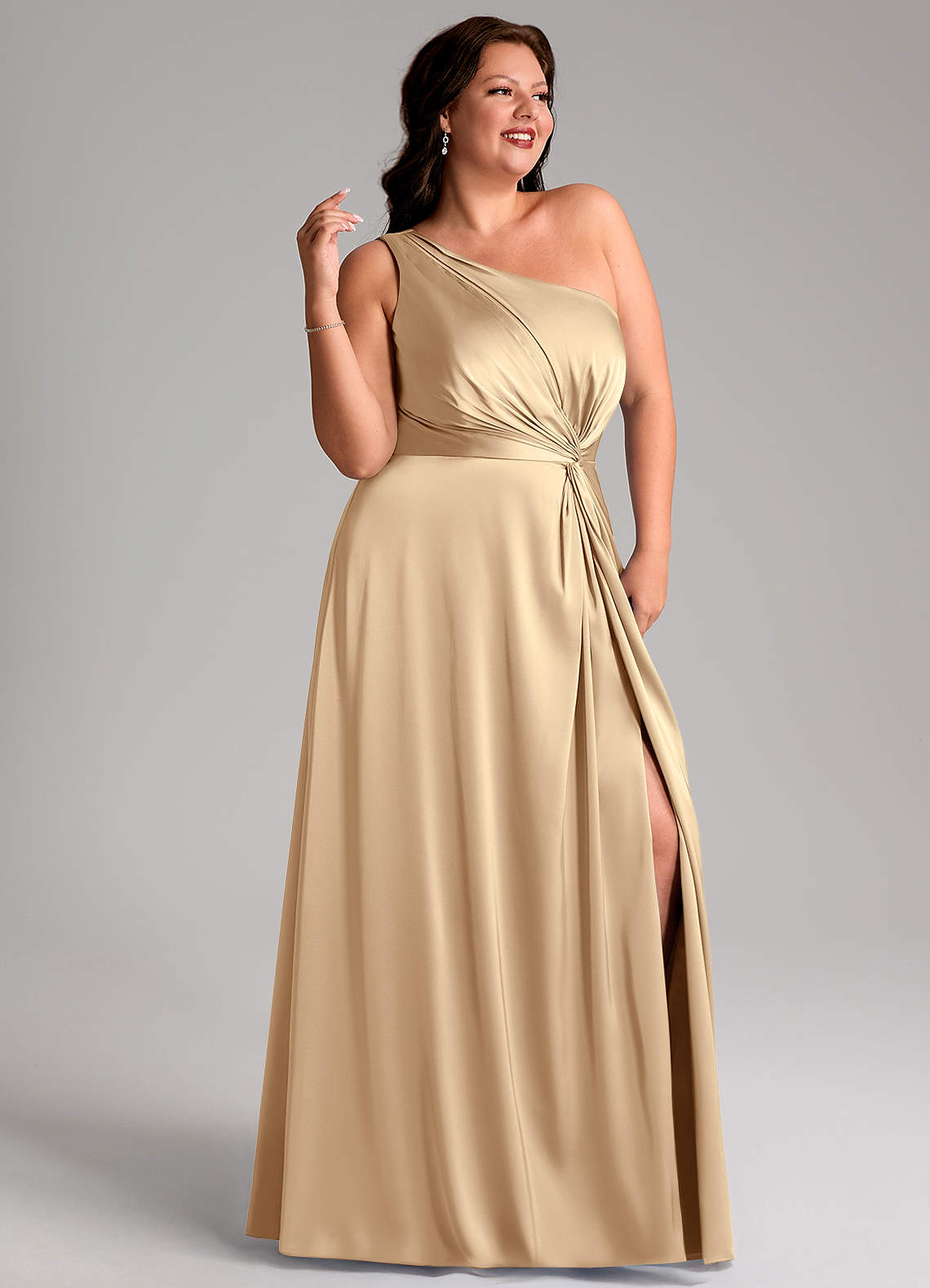 Azazie Brooke Jurken voor bruidsmeisjes Jurk van Stretch Satijn met A-Lijn One-Shoulder Champagne image10
