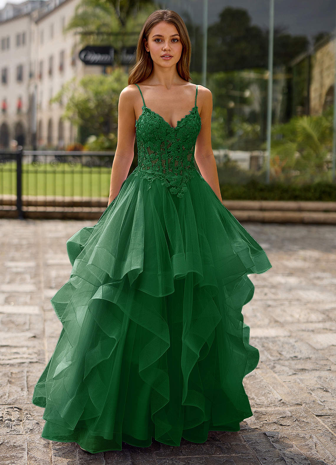 Spitze Dark Green Sheer Lace Prom Dress