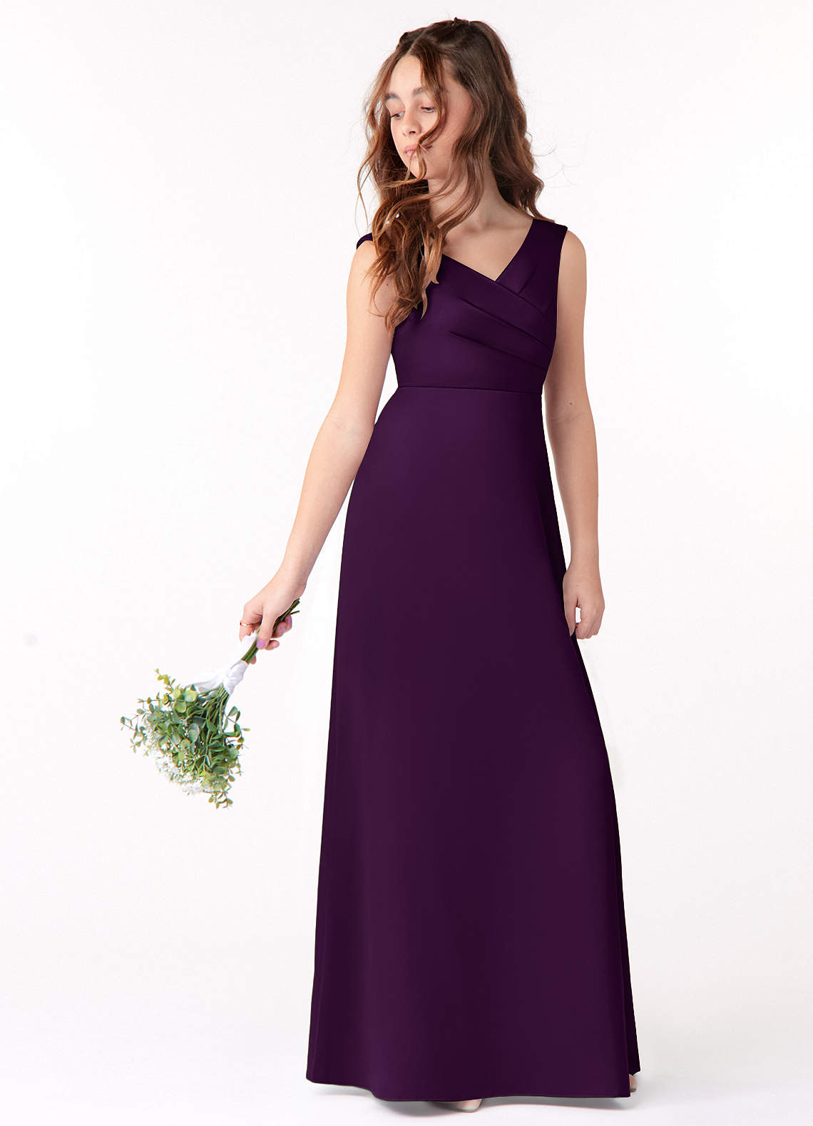 Azazie Sadia Junior Grape A-Line Pleated Stretch Satin Dress image1