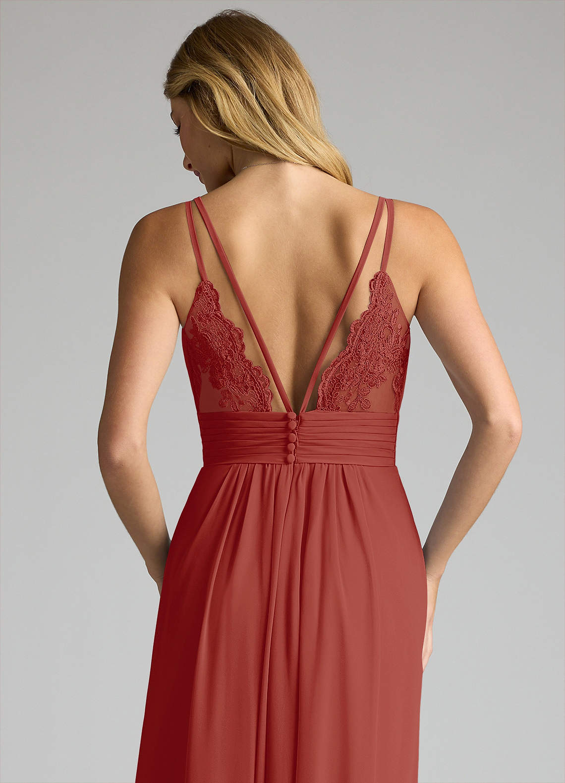 Azazie Maren Allure Bridesmaid Dresses Terracotta A-Line V-Neck Lace Chiffon Dress image1