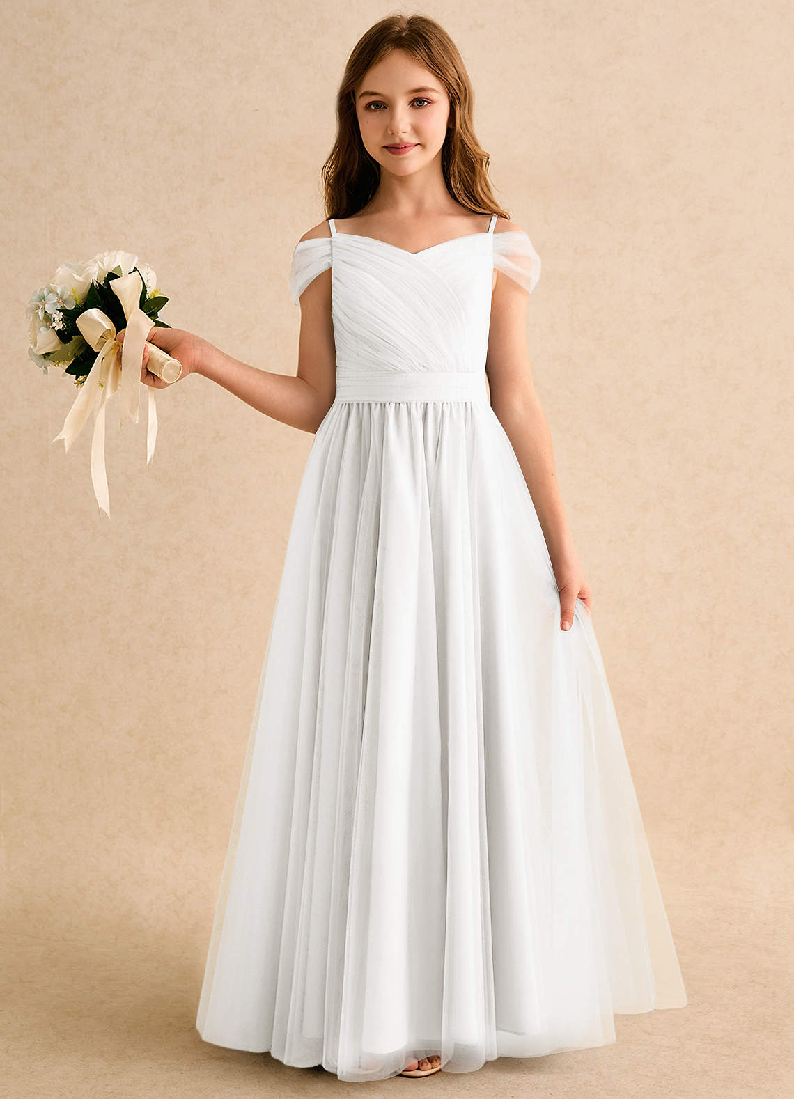 Azazie Yuna Girls Formal Kukkatyttöjen mekot A-linja Olkapään ulkopuolella Tylli Lattian pituus Pukeutua image2