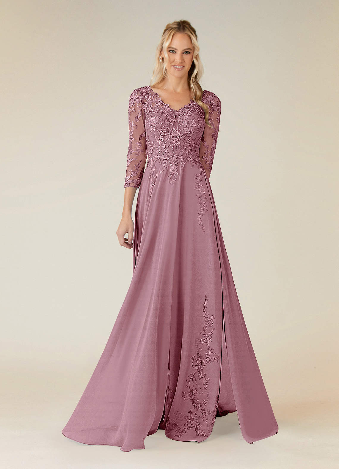 Azazie Noella Mother of the Bride Dresses Vintage Mauve A-Line V-Neck Lace Chiffon Dress image1