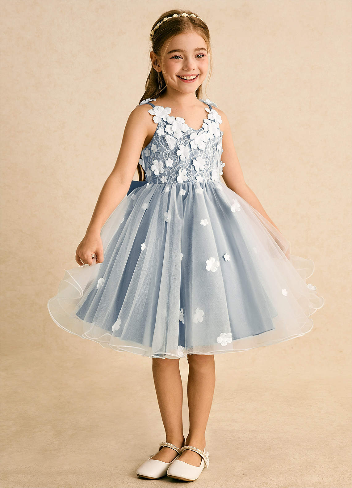 Azazie Junebug Flower Girl Dresses Ivory Dusty Blue Ball-Gown Lace Tulle Dress image4
