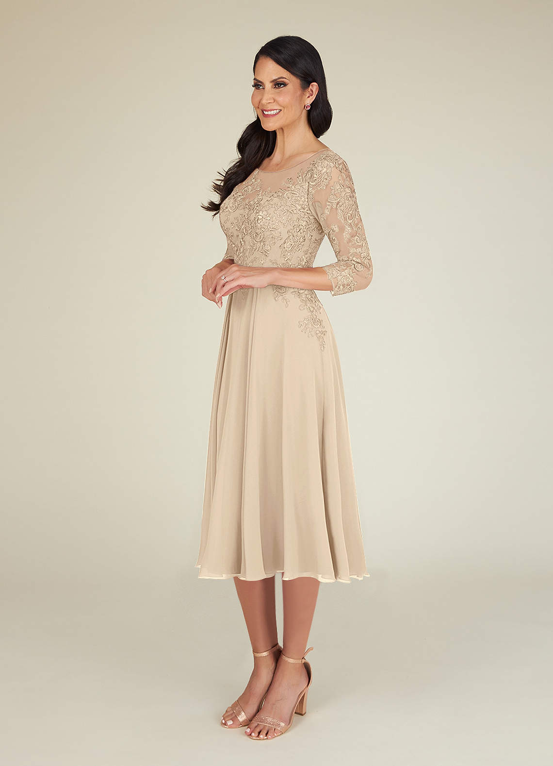 Champagne A-Line Scoop Lace Chiffon Dress main image 0