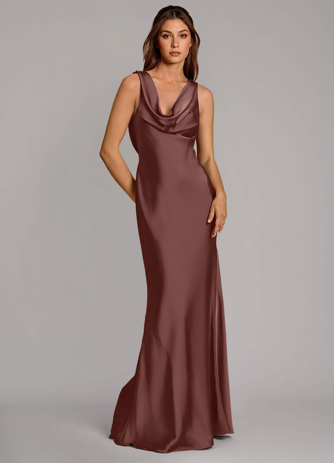 Azazie Cheryl Bridesmaid Dresses Espresso Mermaid Stretch Satin Dress image1