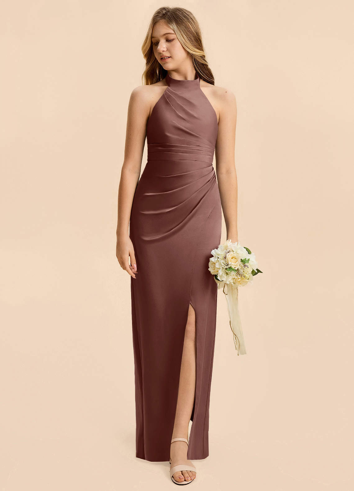 Azazie Jemma Junior Espresso Sheath Ruched Stretch Satin Dress image2