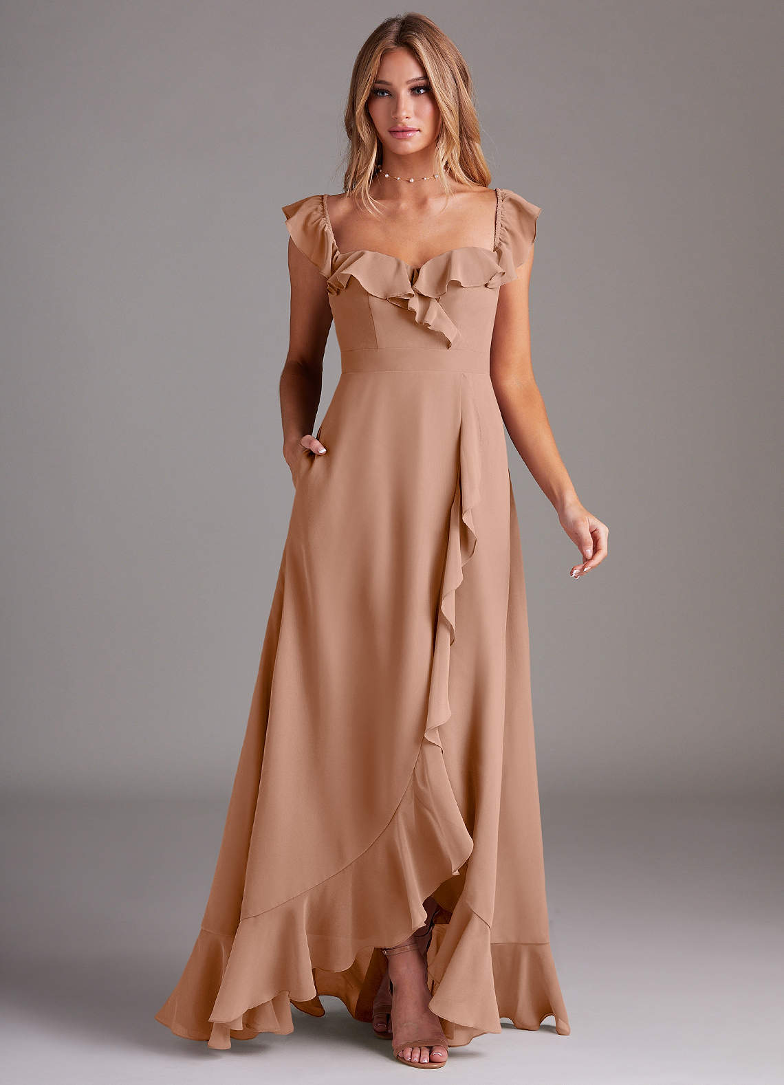 brown flower dress Women's Semi-Formal Dress- Cascading Ruffled Dress- Wedding Guest Dress-  Storia Brown Floral Dress – Juliana's Boutique