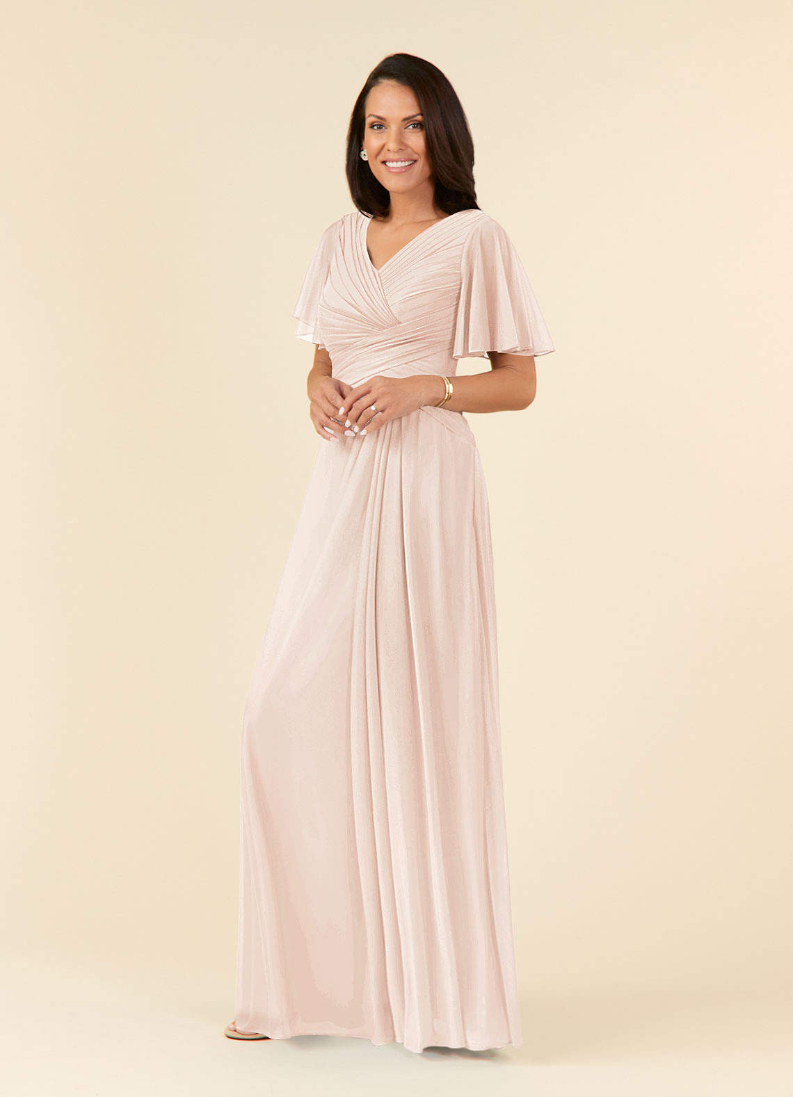 Azazie Emmeline Mother of the Bride Dresses Blushing Pink A-Line V-Neck Pleated Mesh Dress image2