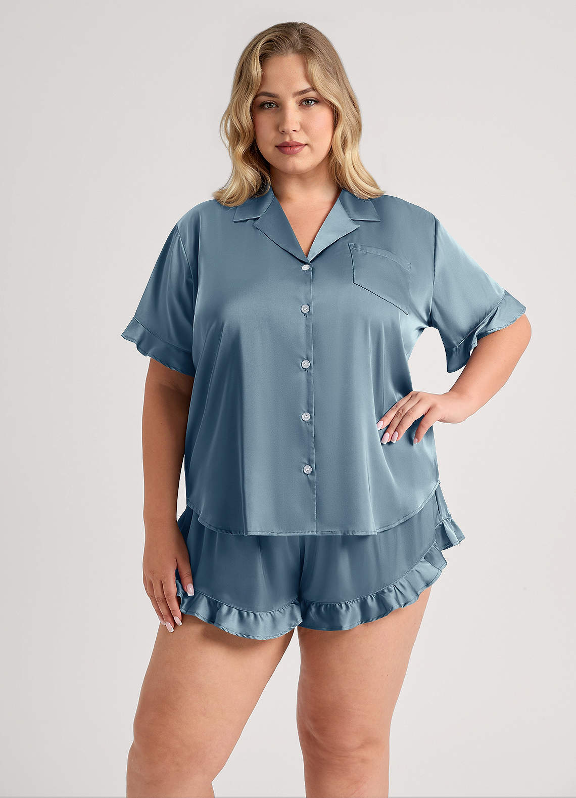 front Matching Color Ruffled Short Sleeve Pajama Set