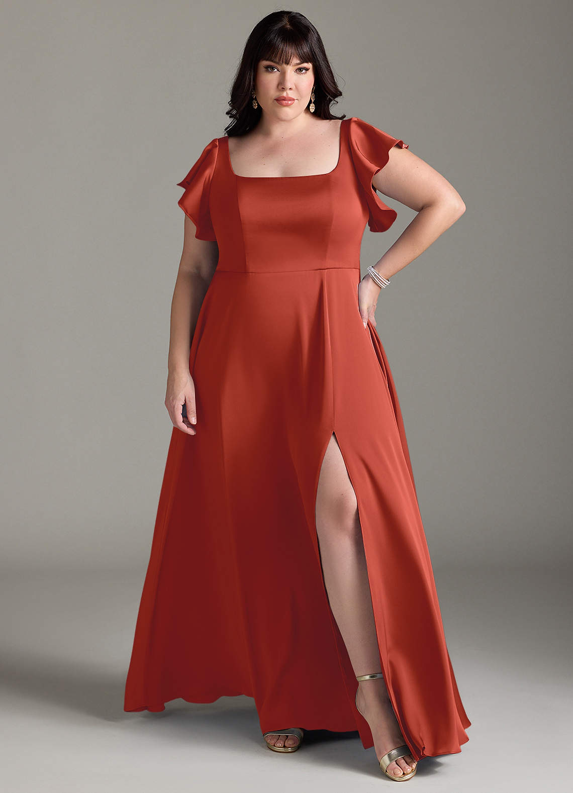 Azazie Bondi Bridesmaid Dresses Rust A-Line Bow Stretch Satin Dress image1