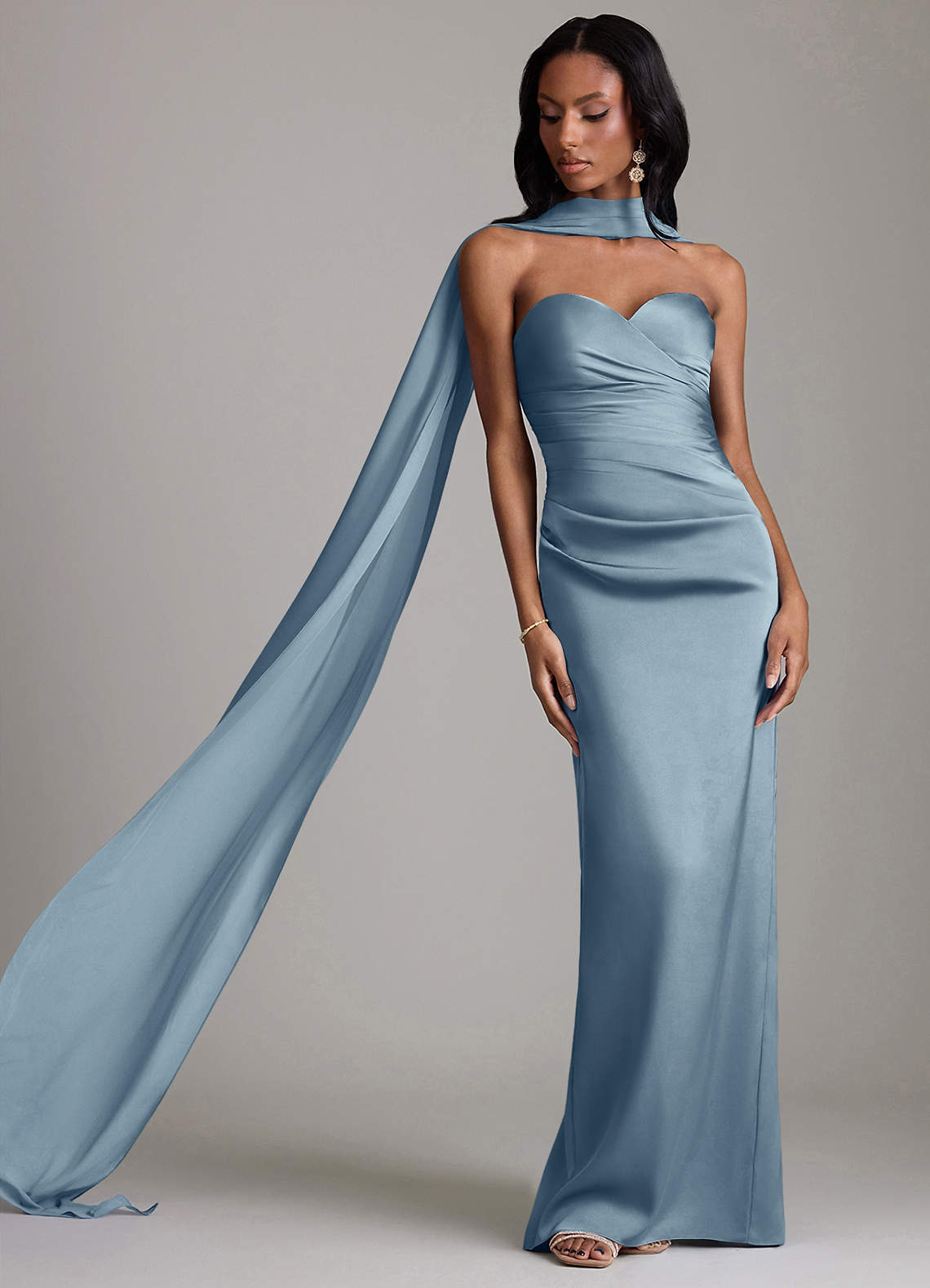 gray blue formal dress Azazie Sonora Ready to Ship Dusty Stretch Satin Bridesmaid Dresses FIGURE-HUGGING