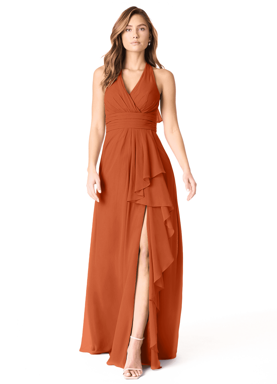 Azazie Aviv Robes de demoiselle d'honneur Robe Trapèze en Mousseline de soie Plissée Orange Brûlée image1