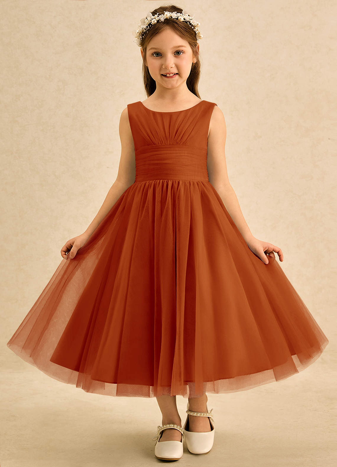 Azazie Macaron Jurken voor bloemenmeisjes A-Lijn Jurk van Tule Geplooid Paprika image2