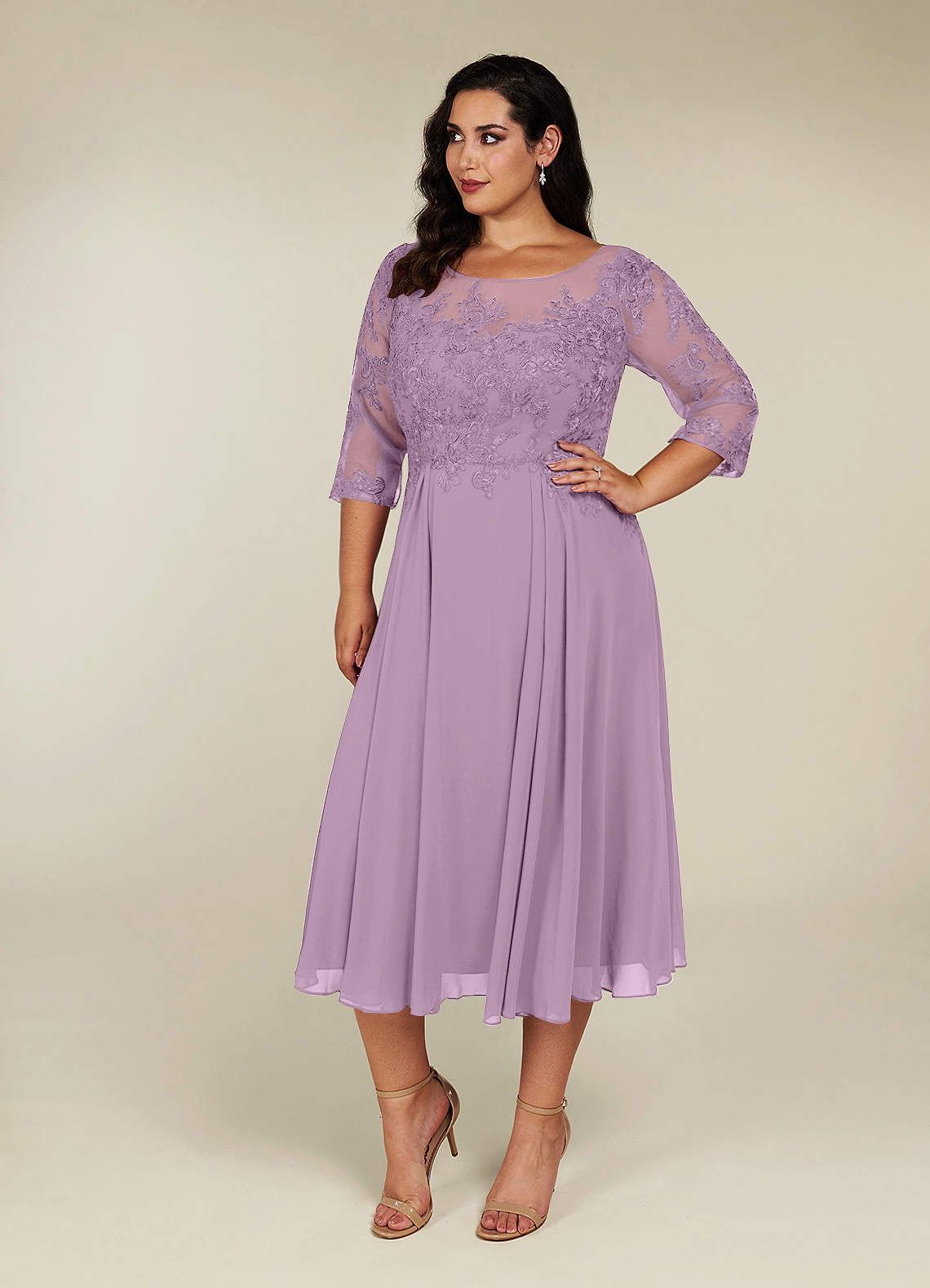 A-Line Lace Applique Chiffon Tea-Length Dress Grape main image 1
