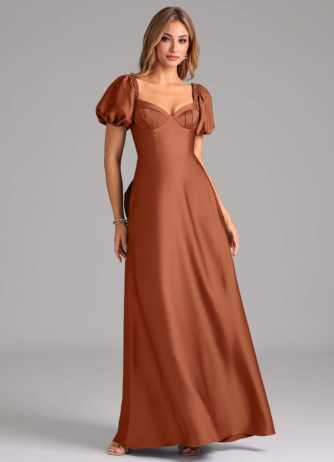 Azazie Fatima Bridesmaid Dresses Cedar Rose A-Line Pleated Stretch Satin Dress image1