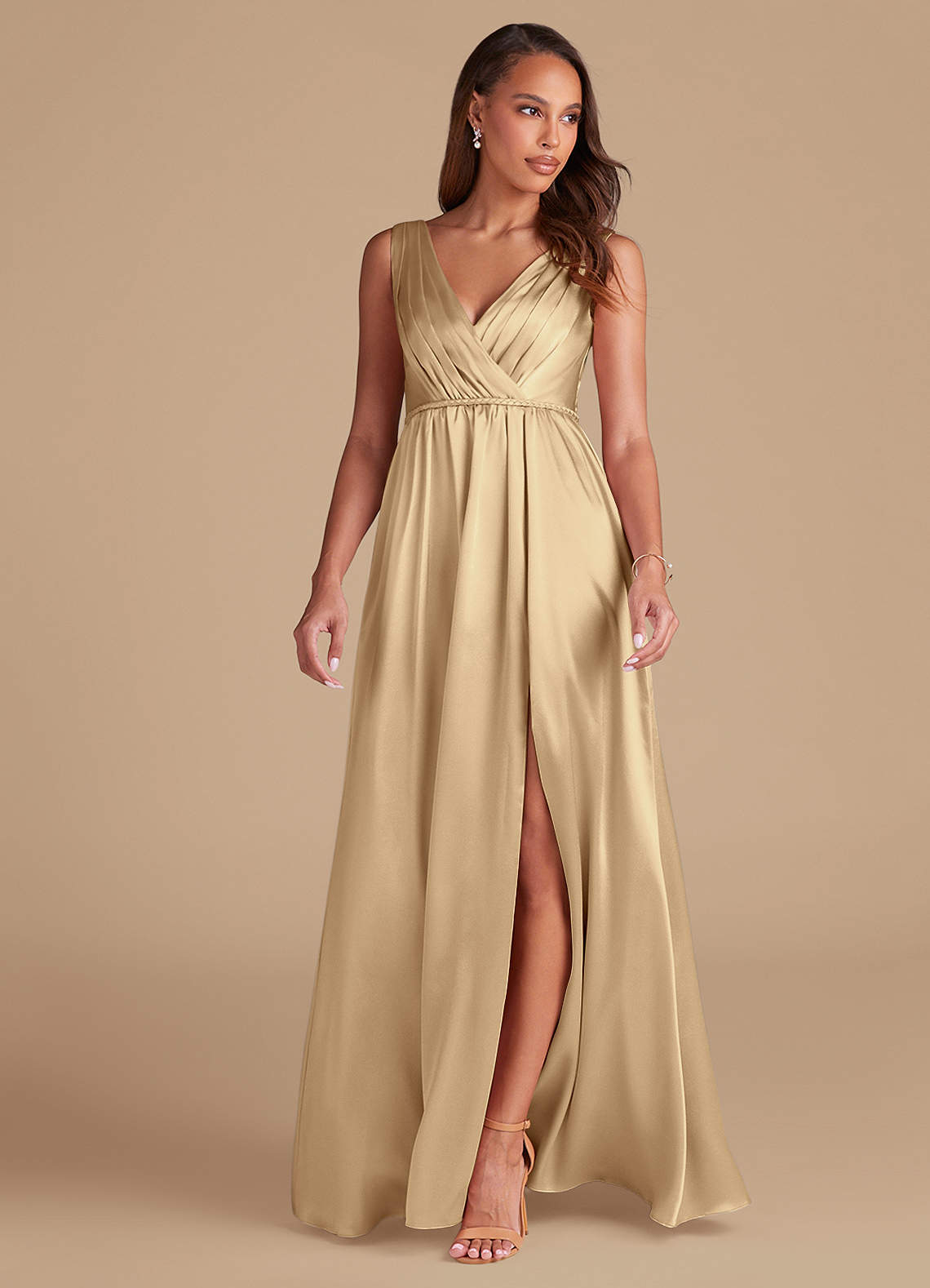 azazie champagne satin dress Azazie Mei