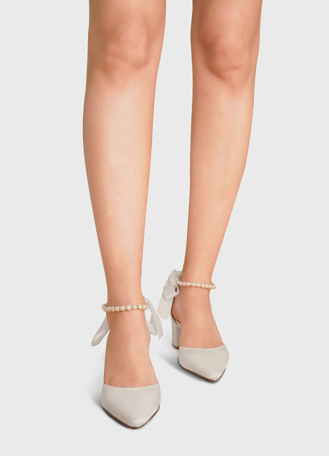 front Matching Color Matte Satin Pearl and Bow Pointed Toe Block Heels