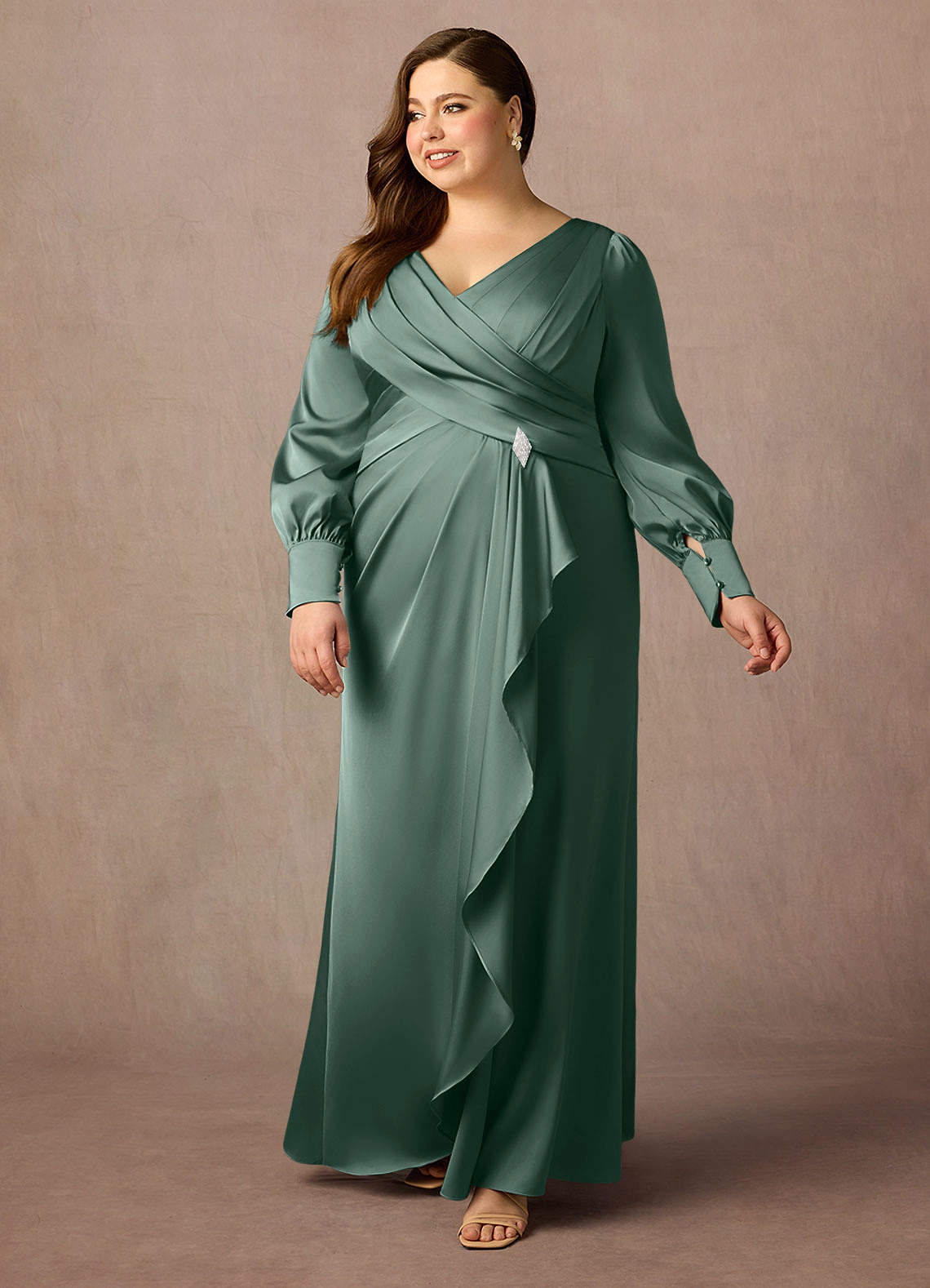 Azazie Petrina Final Sale Eucalyptus Mermaid Pleated Stretch Satin Dress image1