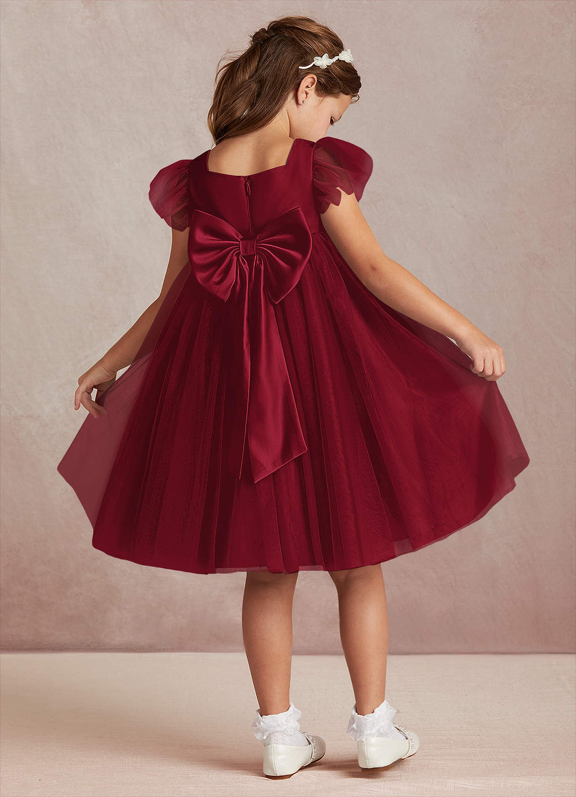 Azazie Kalio Flower Girl Dresses Burgundy A-Line with Sleeves Tulle Dress image1