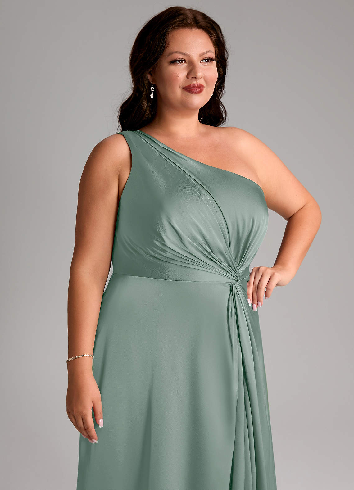 Azazie Brooke At-home Try On Dresses Emerald A-Line One Shoulder Stretch Satin Dress image13