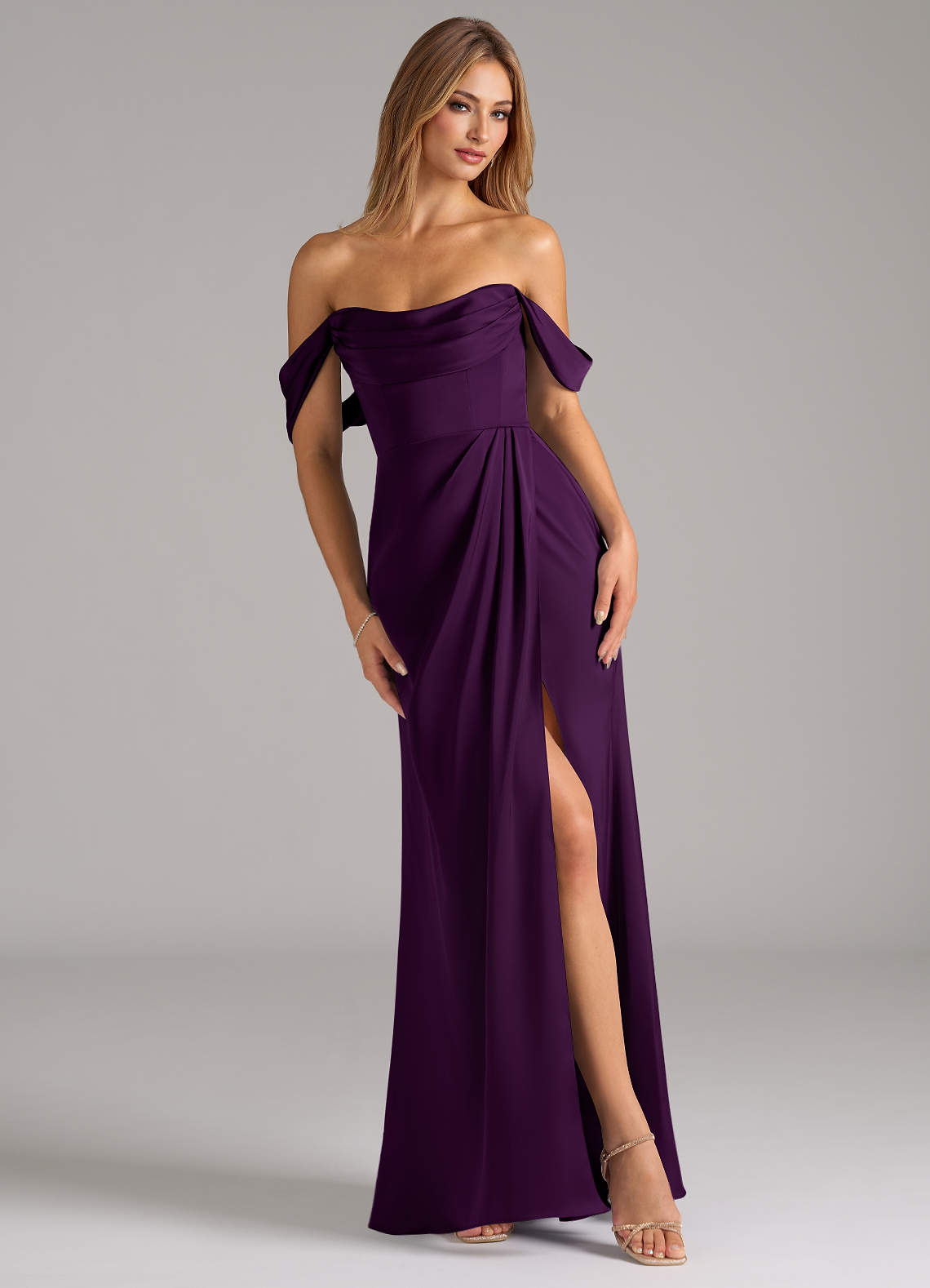 Azazie Johana Bridesmaid Dresses Grape Mermaid Off the Shoulder Stretch Satin Convertible Dress image1