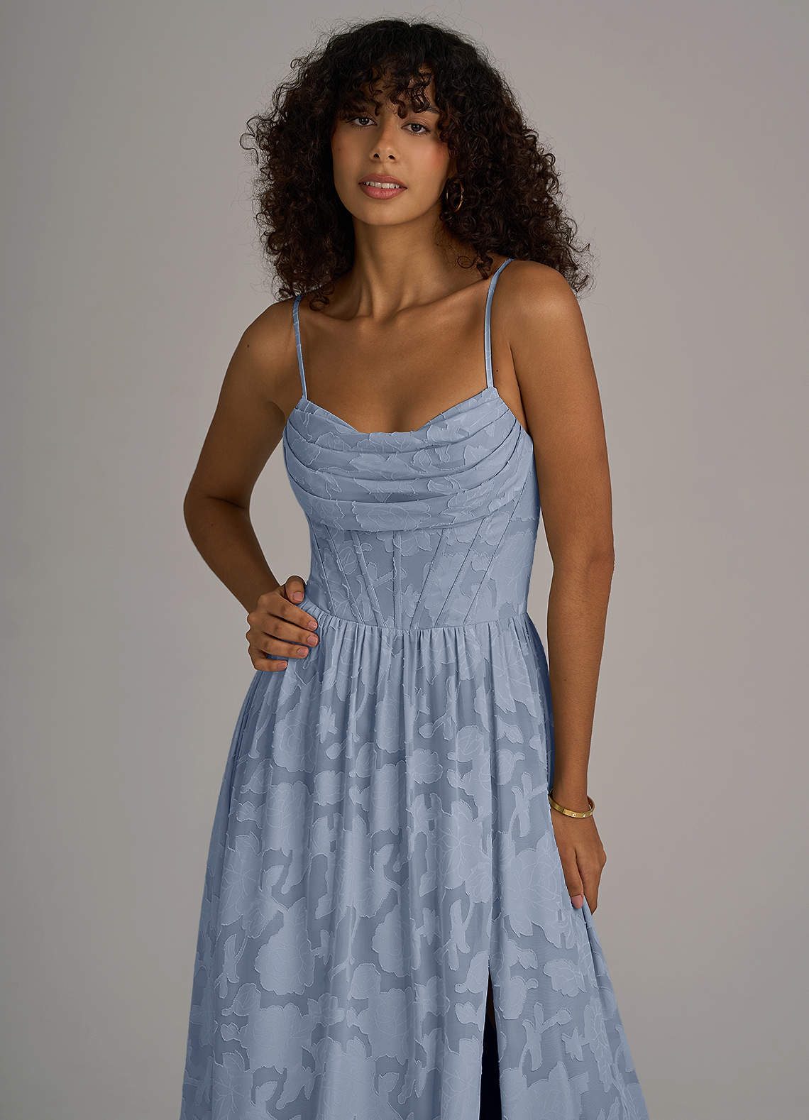 Azazie A-Line Cowl Neck Ankle-Length Floral Burnout Bridesmaid Dresses - dusty blue