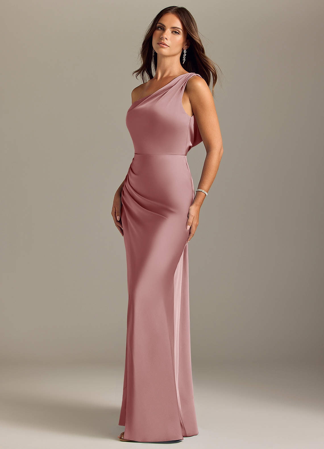 Azazie Madelyn Bridesmaid Dresses Dusty Rose Mermaid Off the Shoulder Stretch Satin Convertible Dress image2