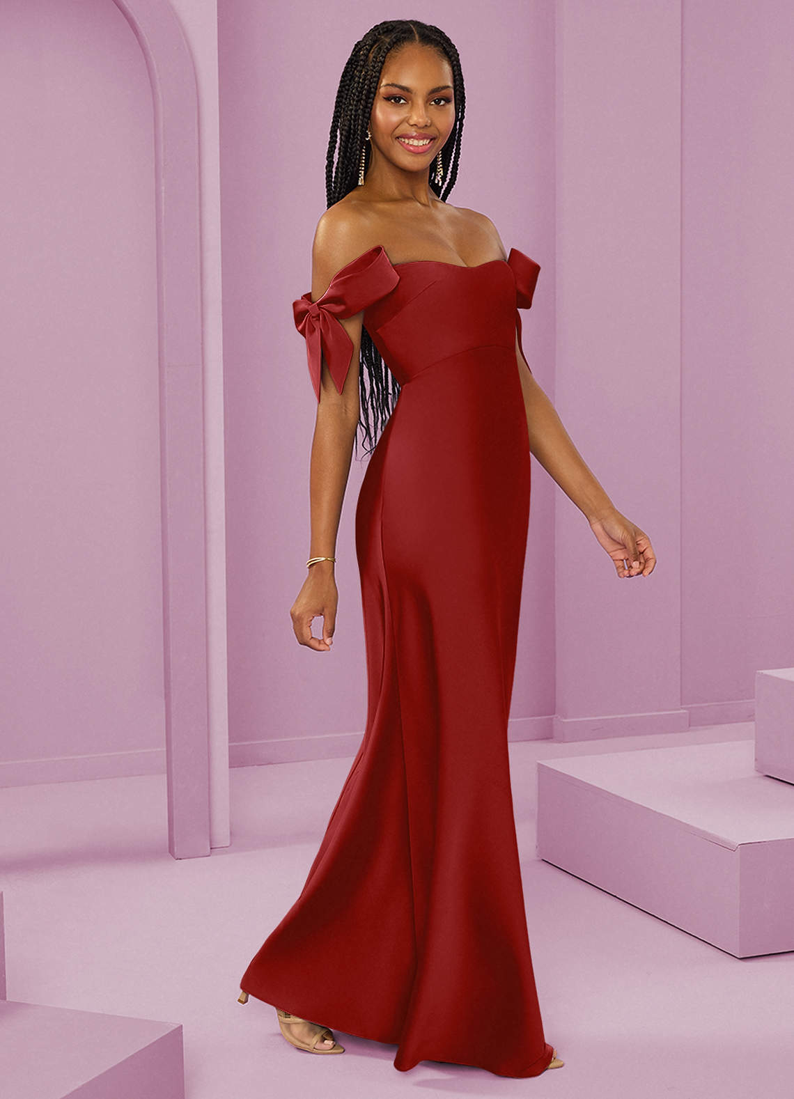 Barbie ♥ Azazie Robes de demoiselle d'honneur Robe Fourreau Convertible en Satin extensible Épaule décolletée Grenade image1