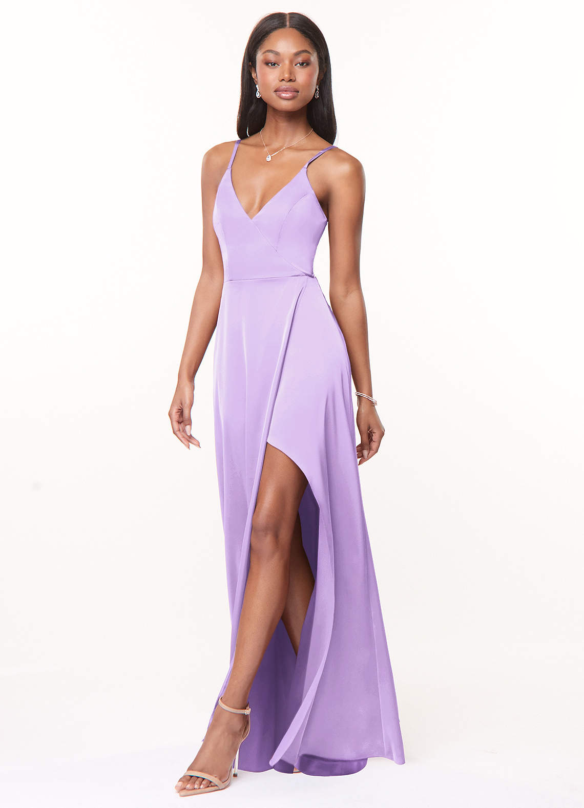 lilac satin bridesmaid dresses Azazie Soren Scoop neckline AW.Bridal A-line Square Neckline Floor
