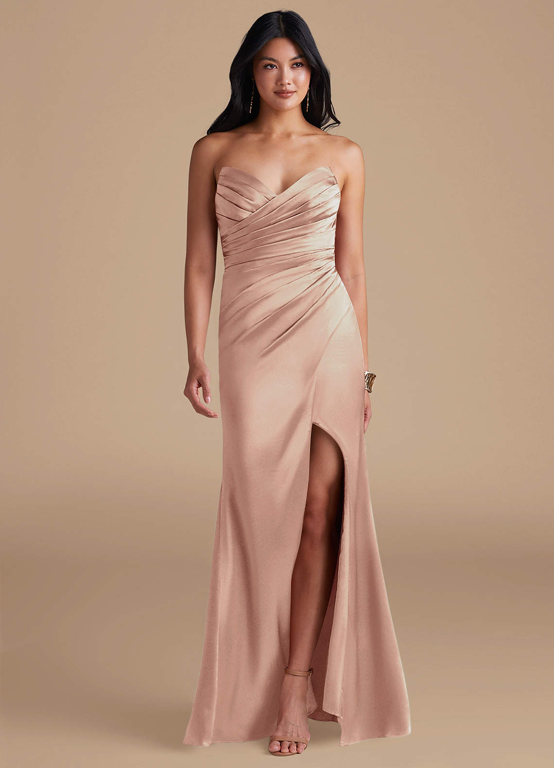 Azazie Yola Bridesmaid Dresses English Rose Sheath Pleated Metallic Satin Dress image1