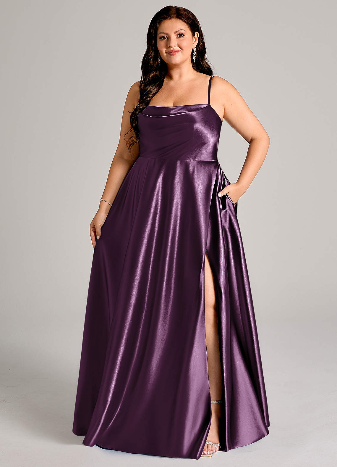 Azazie Elle Bridesmaid Dresses Plum A-Line with Pockets Metallic Satin Dress image1