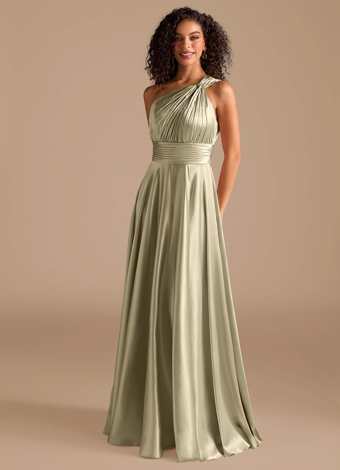 Azazie Charlize Bridesmaid Dresses Moss Green A-Line One Shoulder Metallic Satin Dress image1