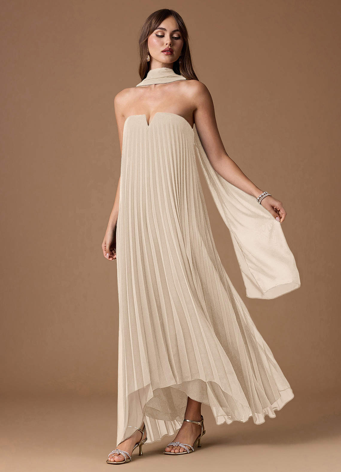Azazie Strapless Waistless Floor-Length Maxi Wedding Guest Formal Dresses In Cream