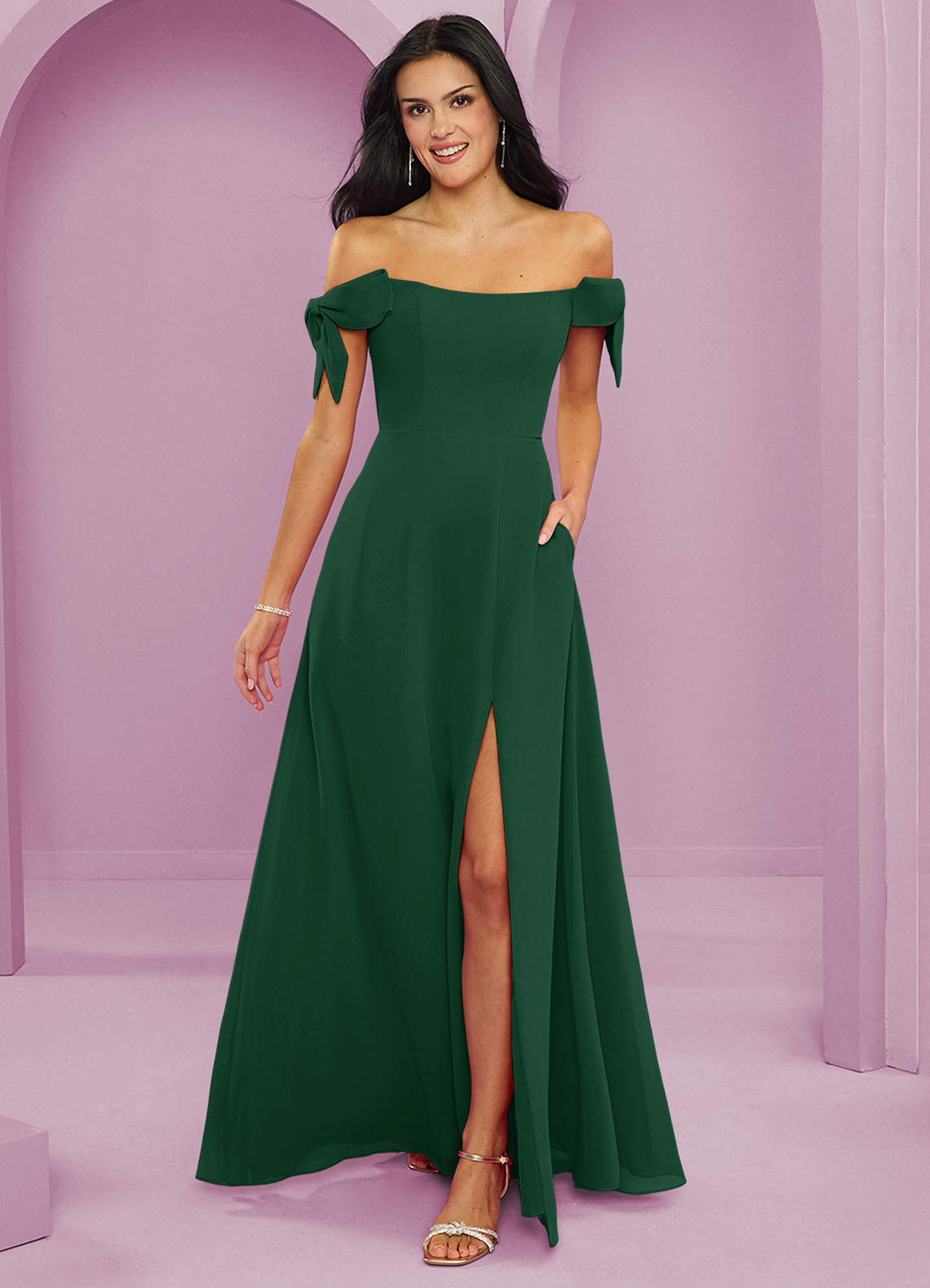 Barbie ♥ Azazie Bridesmaid Dresses Dark Green A-Line Off the Shoulder Chiffon Convertible Dress image1