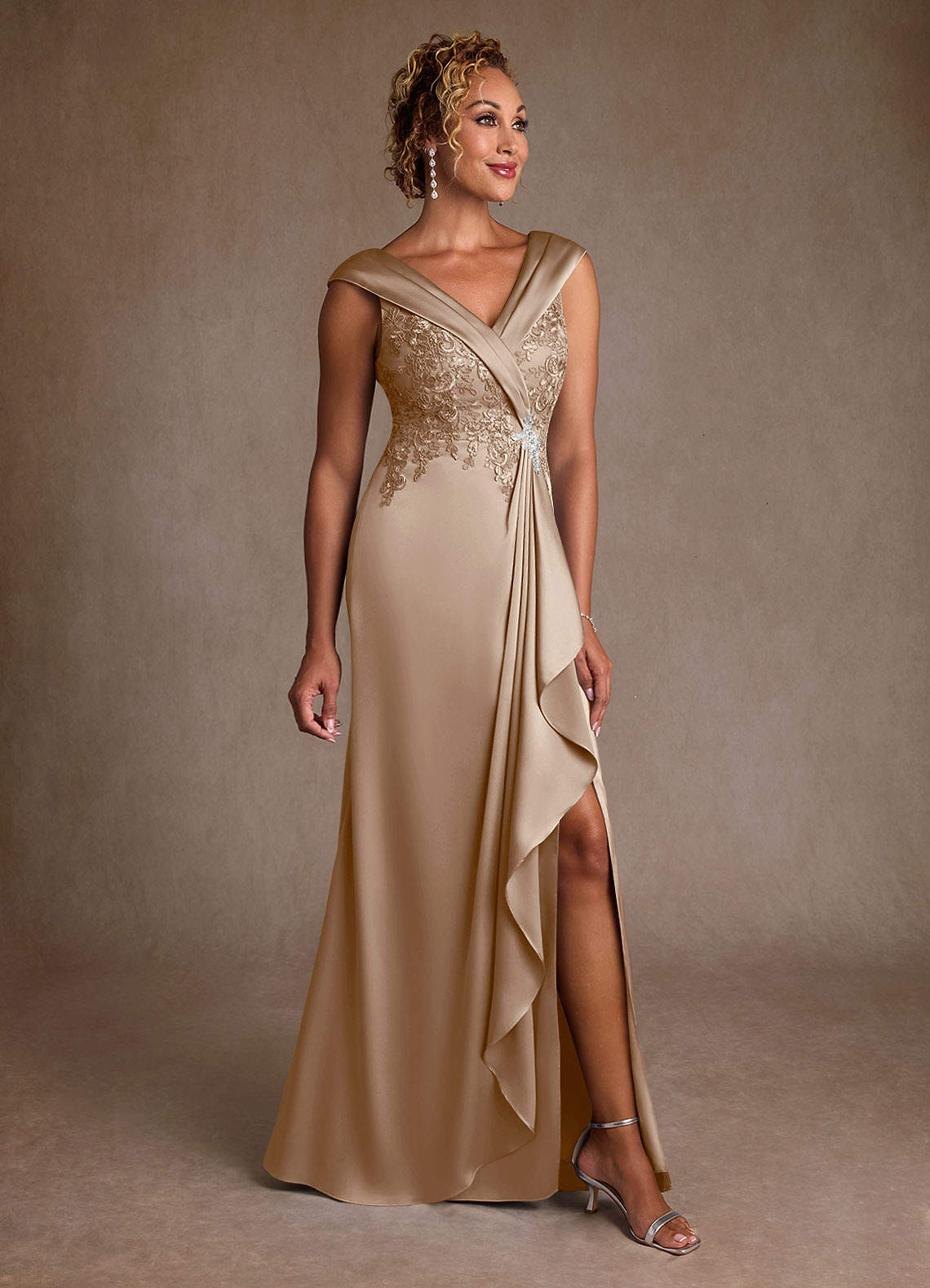 Azazie Santa Monica Mother of the Bride Dresses Taupe A-Line Lace Dress image1