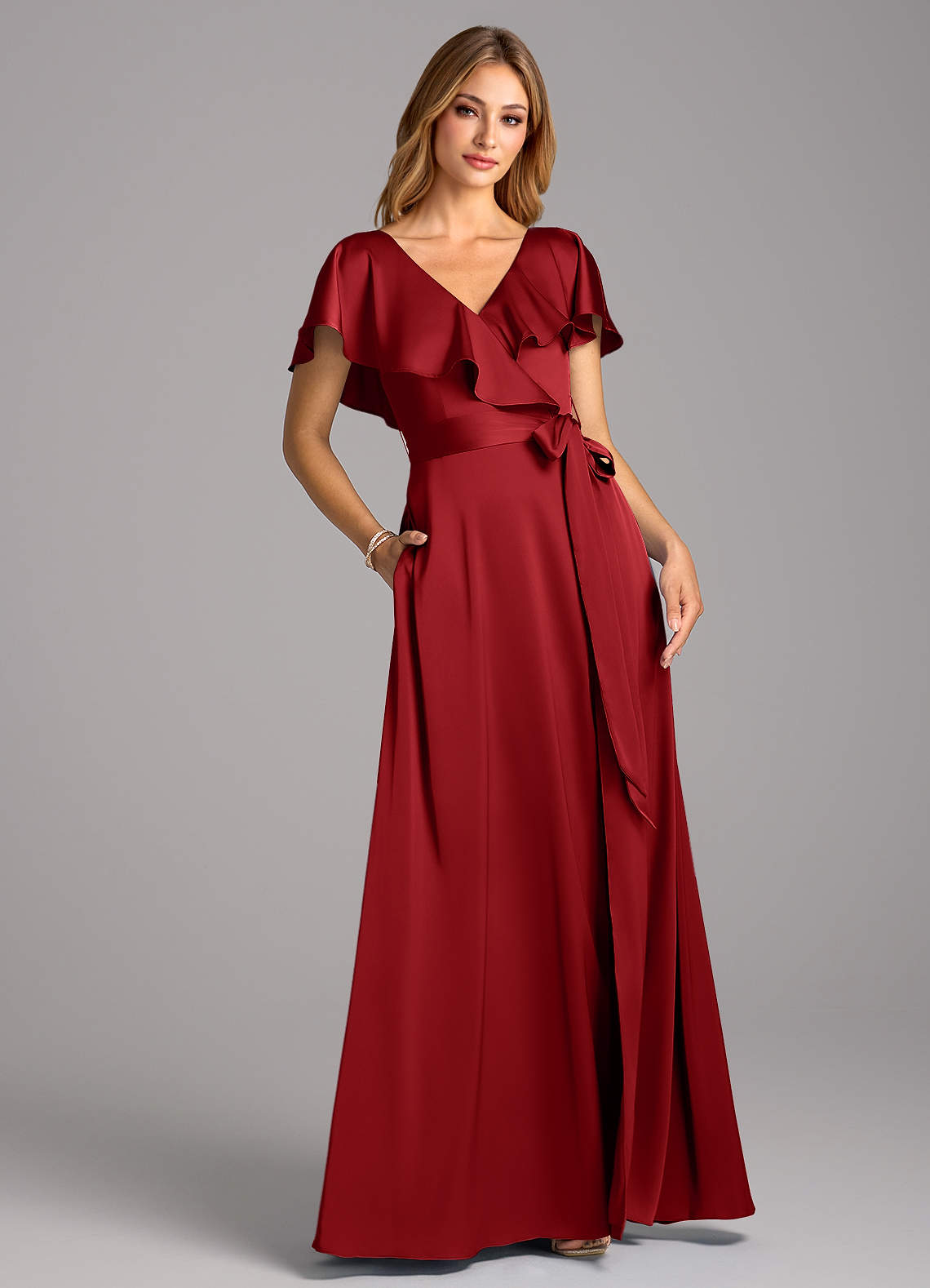 Azazie Lainey Bridesmaid Dresses Pomegranate A-Line with Pockets Stretch Satin Dress image1