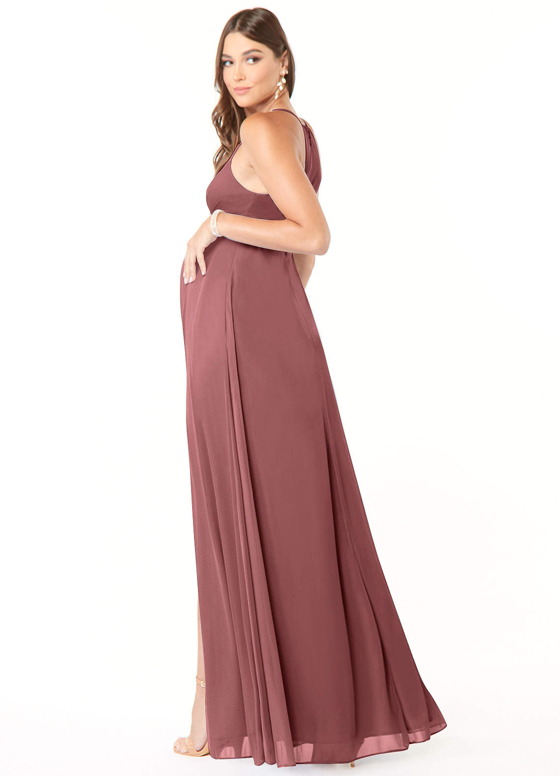 Azazie Annabelle Maternity Bridesmaid Dresses A-Line V-Neck Pleated Mesh Floor-Length Dress image4
