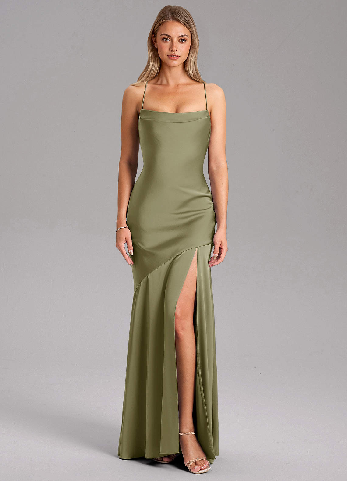 Azazie Grata Probar vestidos en casa Vestido de Negro de Satén Elástico de Corte Sirena con Corte Lateral image2