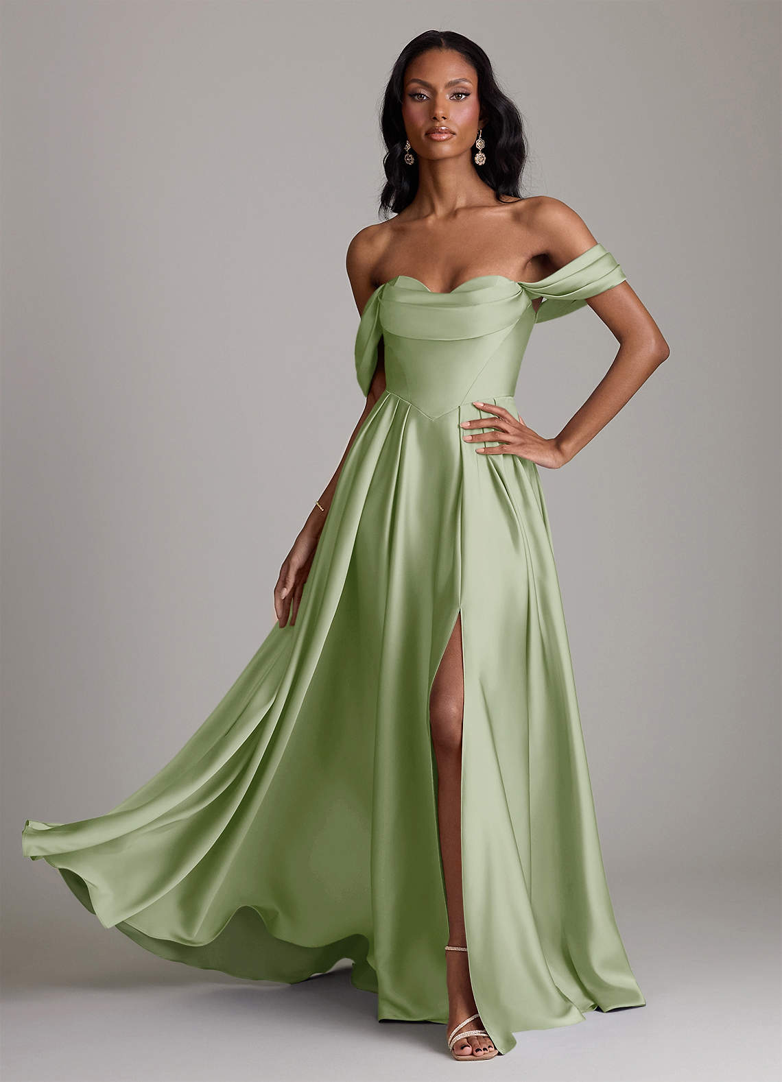 美品✨ sahara サハラ Tulle Sleeve Satin Dress Azazie Loisa Dusty Sage Stretch Satin Bridesmaid Dresses | Azazie