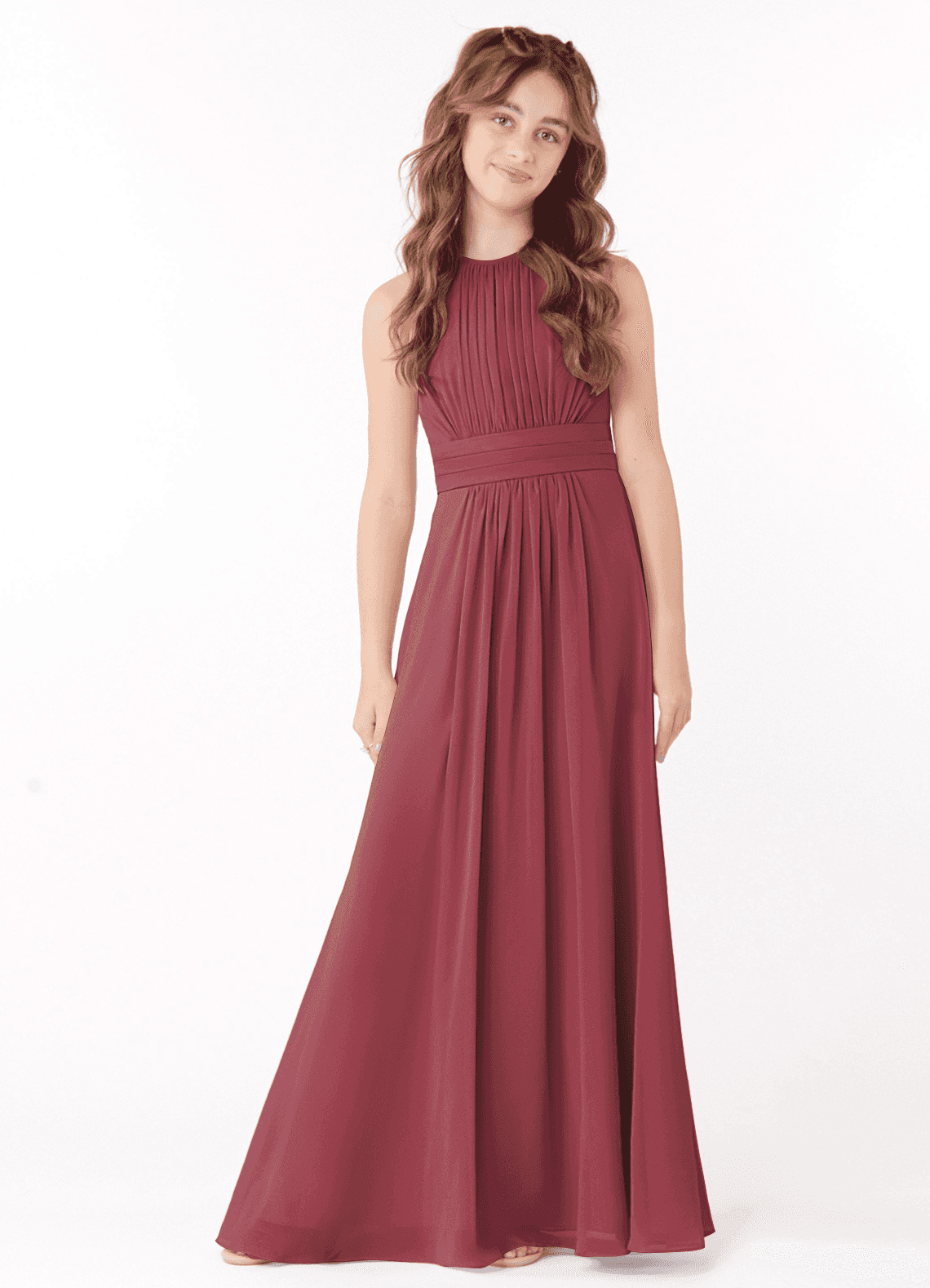 Azazie Bonnie Junior Merlot A-Line Pleated Chiffon Dress image1