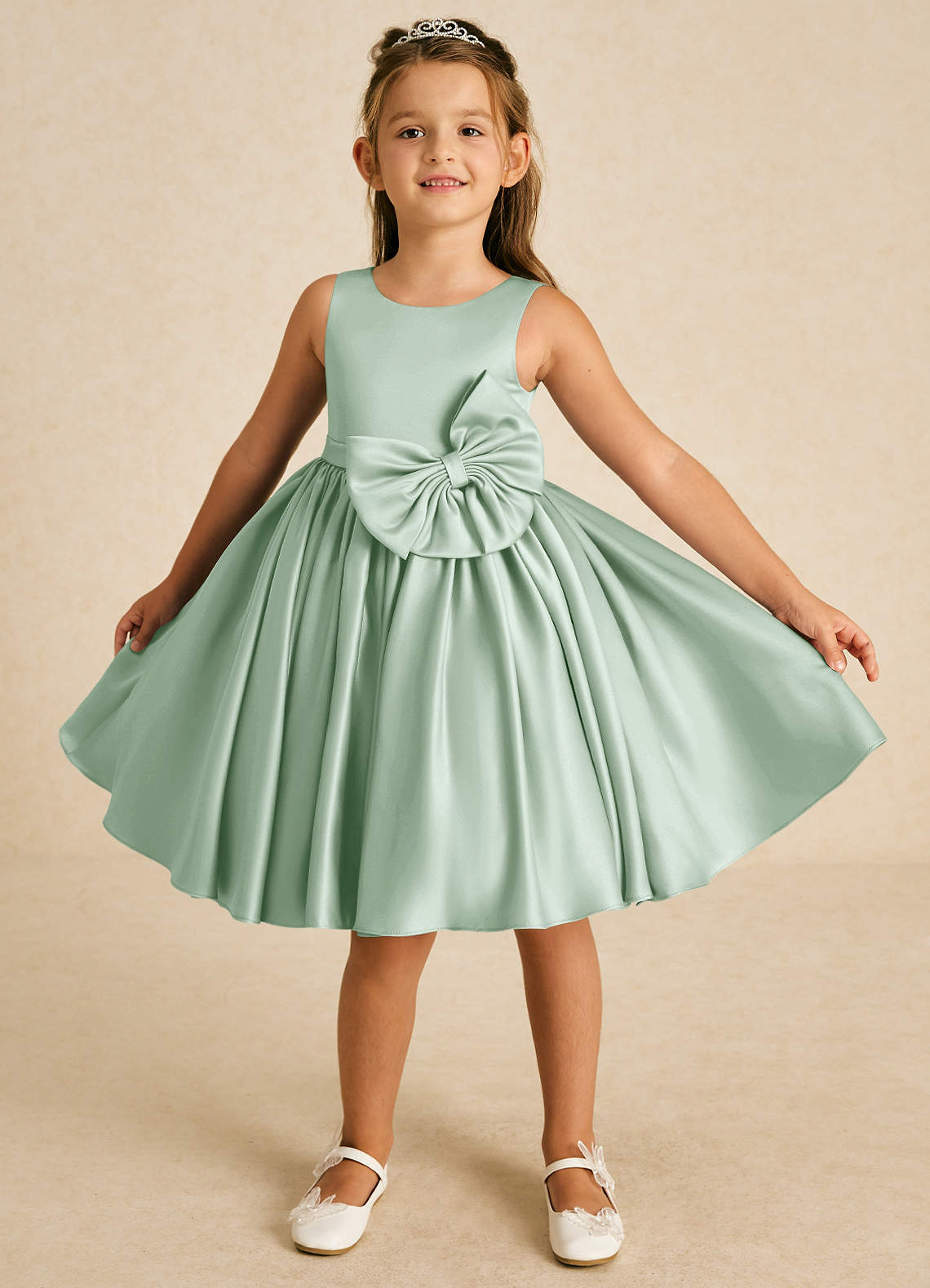 Azazie Apple Flower Girl Dresses Agave A-Line Bow Matte Satin Dress image1