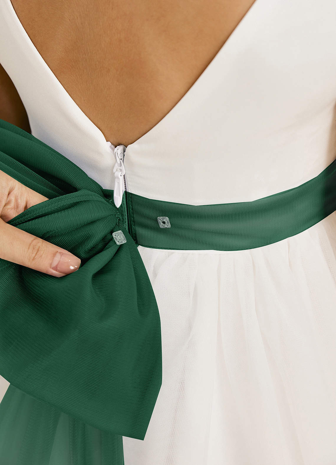 Azazie Kavi Flower Girl Dresses Ivory Dark Green A-Line Bow Matte Satin Dress image5