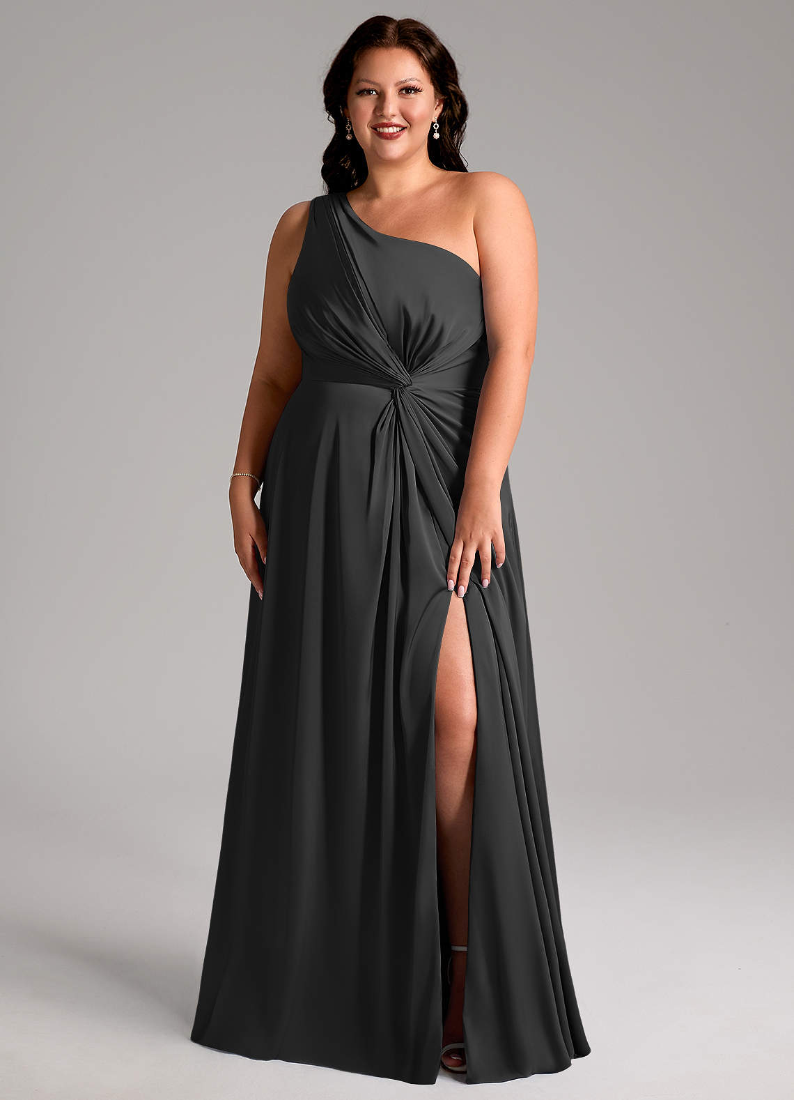 Azazie Brooke Bridesmaid Dresses Black A-Line One Shoulder Stretch Satin Dress image7
