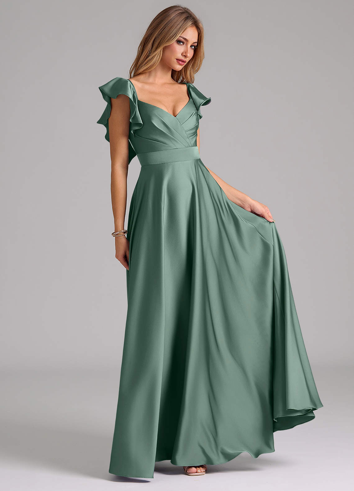 Azazie Leilani Bridesmaid Dresses Eucalyptus A-Line Ruched Stretch Satin Dress image3