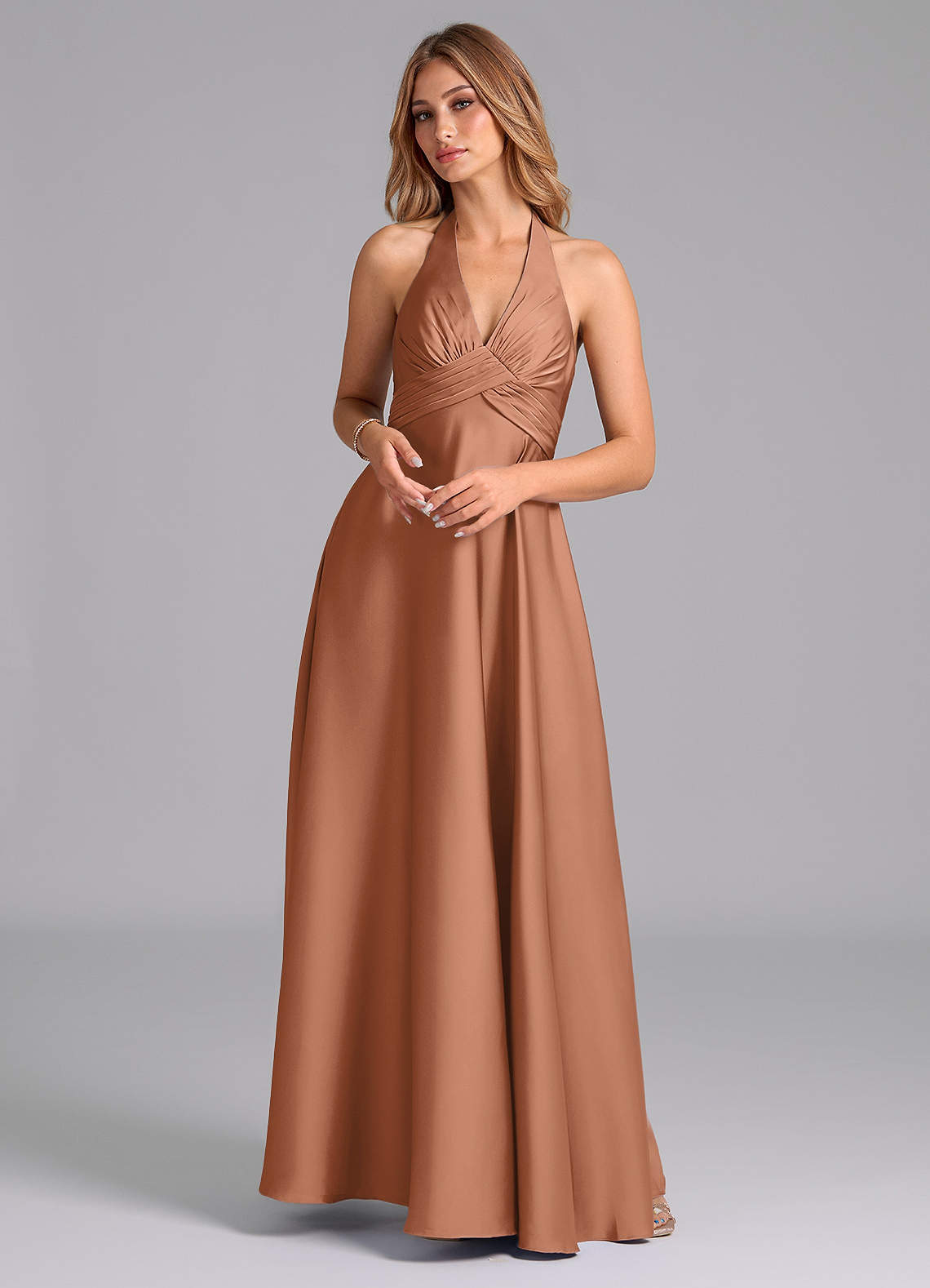 Azazie Tessie Bridesmaid Dresses Bronzer A-Line Pleated Stretch Satin Dress image1