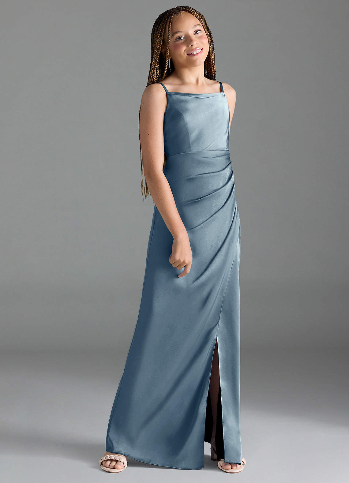 Azazie Leonis Junior Dusty Blue A-Line Pleated Stretch Satin Dress image2