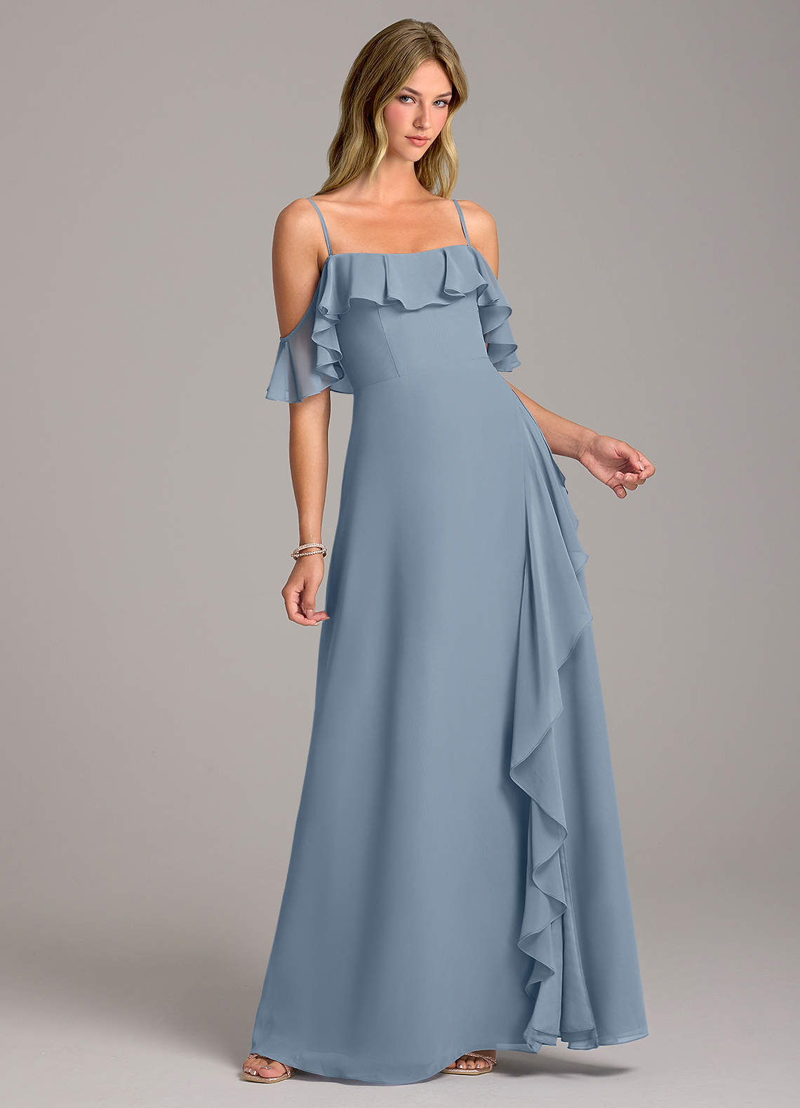 Azazie Aubrie Bridesmaid Dresses Dusty Blue A-Line Off the Shoulder Chiffon Dress image1