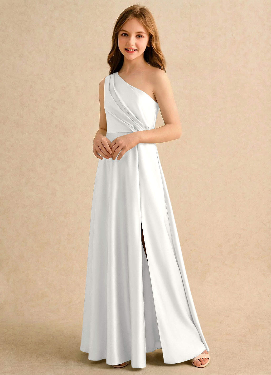 Azazie Puddles Girls Formal Flower Girl Klänningar Klä A-Line i Stretch Satin Ena axeln image3