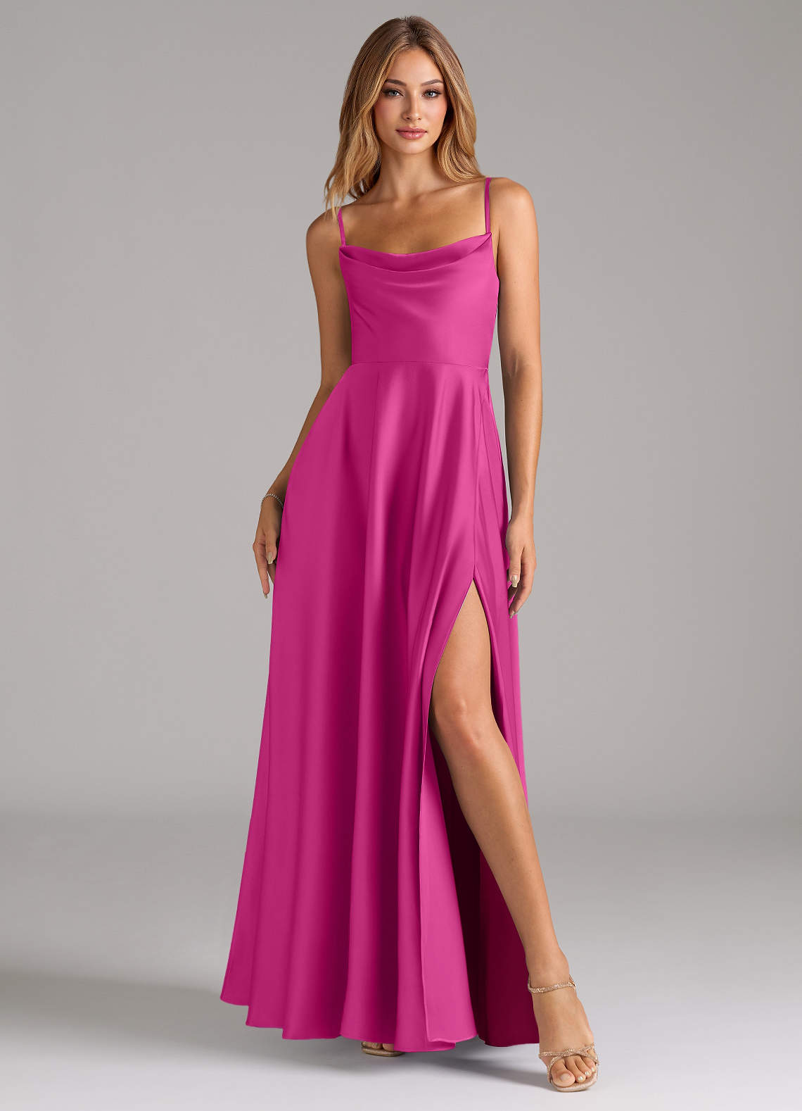 Azazie Elle Robes de demoiselle d'honneur Robe Trapèze en Satin extensible Plissée Fuchsia image3